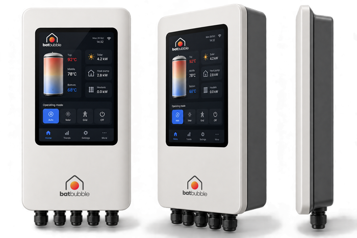 Batbubble wall controller from the front, at an angle and from the side. The screen shows tank temperatures at the top, middle and bottom, solar, heat pump and heater power, and four operating modes.