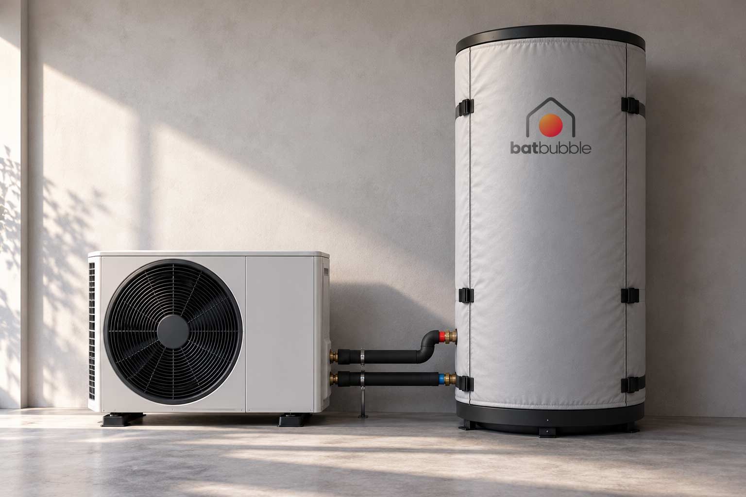 An outdoor air-to-water heat pump connected by two insulated pipes to a Batbubble thermal battery in a grey insulating jacket, in a sunlit room with a concrete floor.