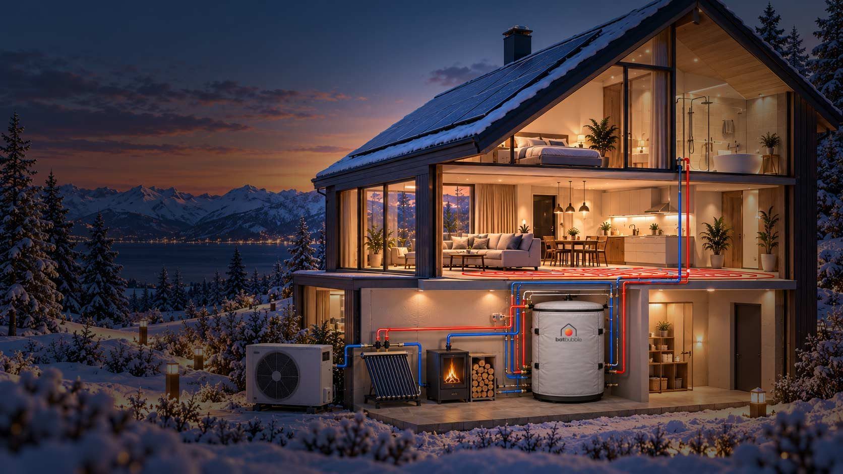 Cutaway of a modern house in snow at dusk with solar panels on the roof and a Batbubble thermal battery in the lower level feeding underfloor heating and the bathroom.
