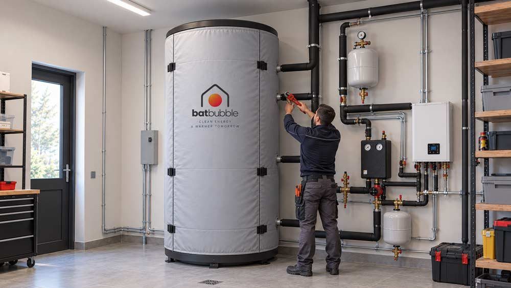 Installer connecting pipework to a Batbubble tank in a utility room, next to a heat pump module, expansion vessels and a wall-mounted controller.