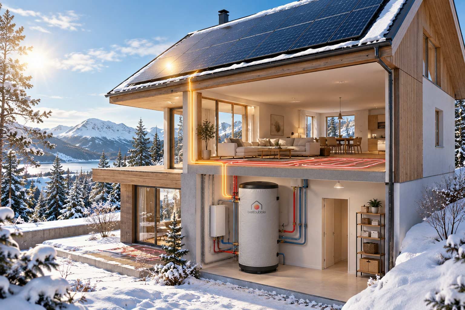 House in snow on a sunny winter day with solar panels on the roof. A cutaway shows surplus solar power running down to a Batbubble tank in the utility room, which feeds underfloor heating in the living area.
