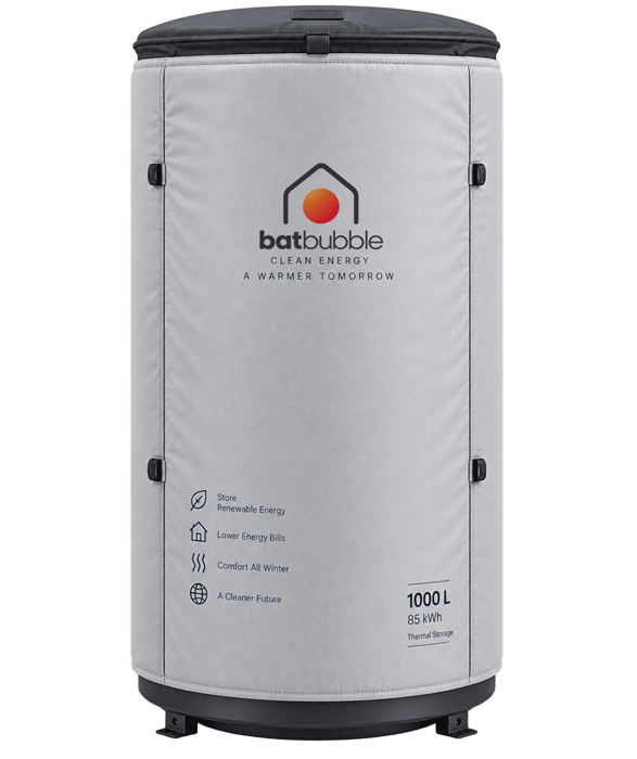 Batbubble 1,000-litre thermal battery in its light grey insulating jacket with a dark lid and base.